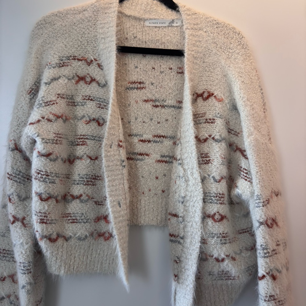 Altard State Cream Patterned Open Cardigan Sweater